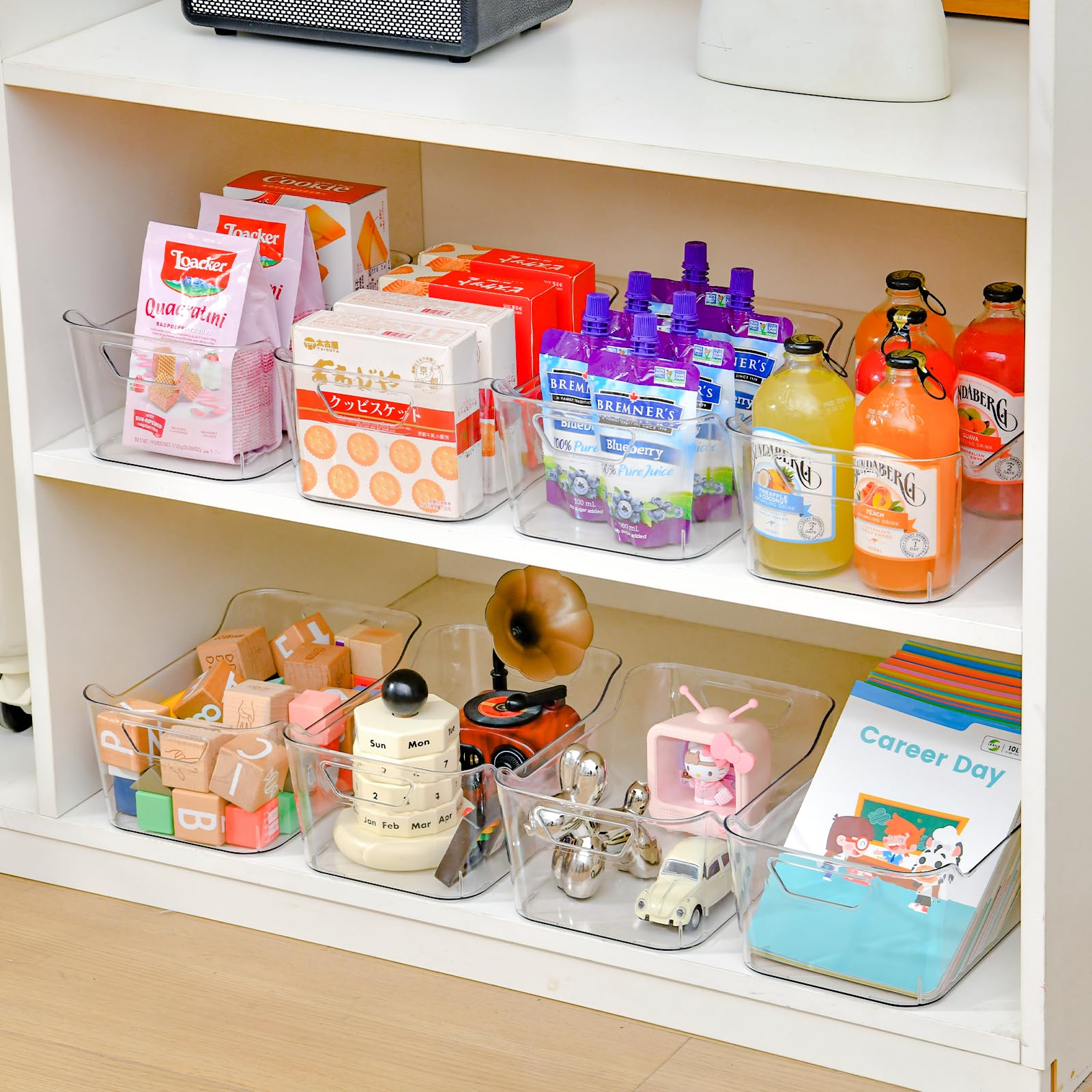 AntStep 12-pack clear bin side-view for cabinet visibility and easy retrieval.
