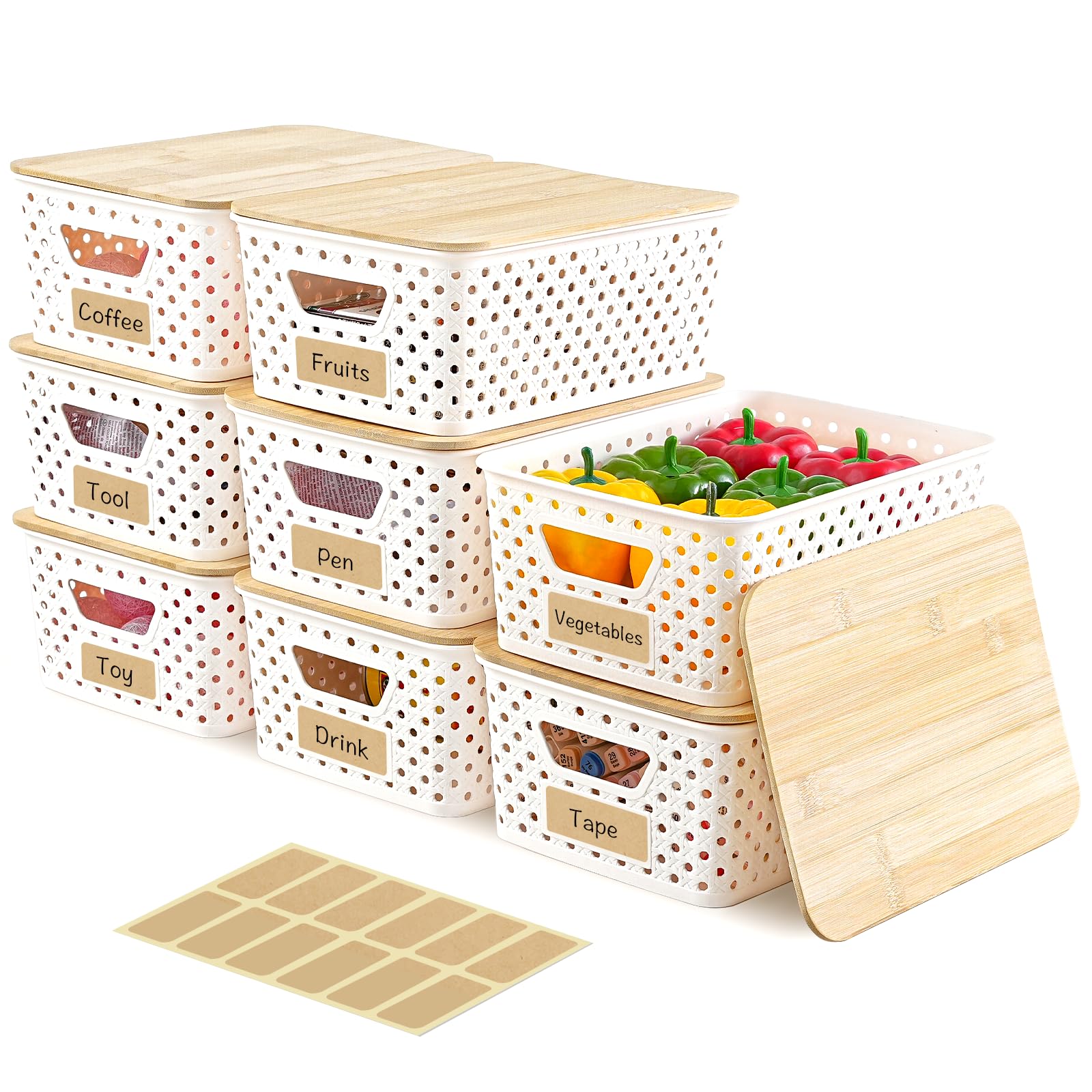 AntStep 8-pack plastic storage bins with bamboo lids for versatile pantry organization.