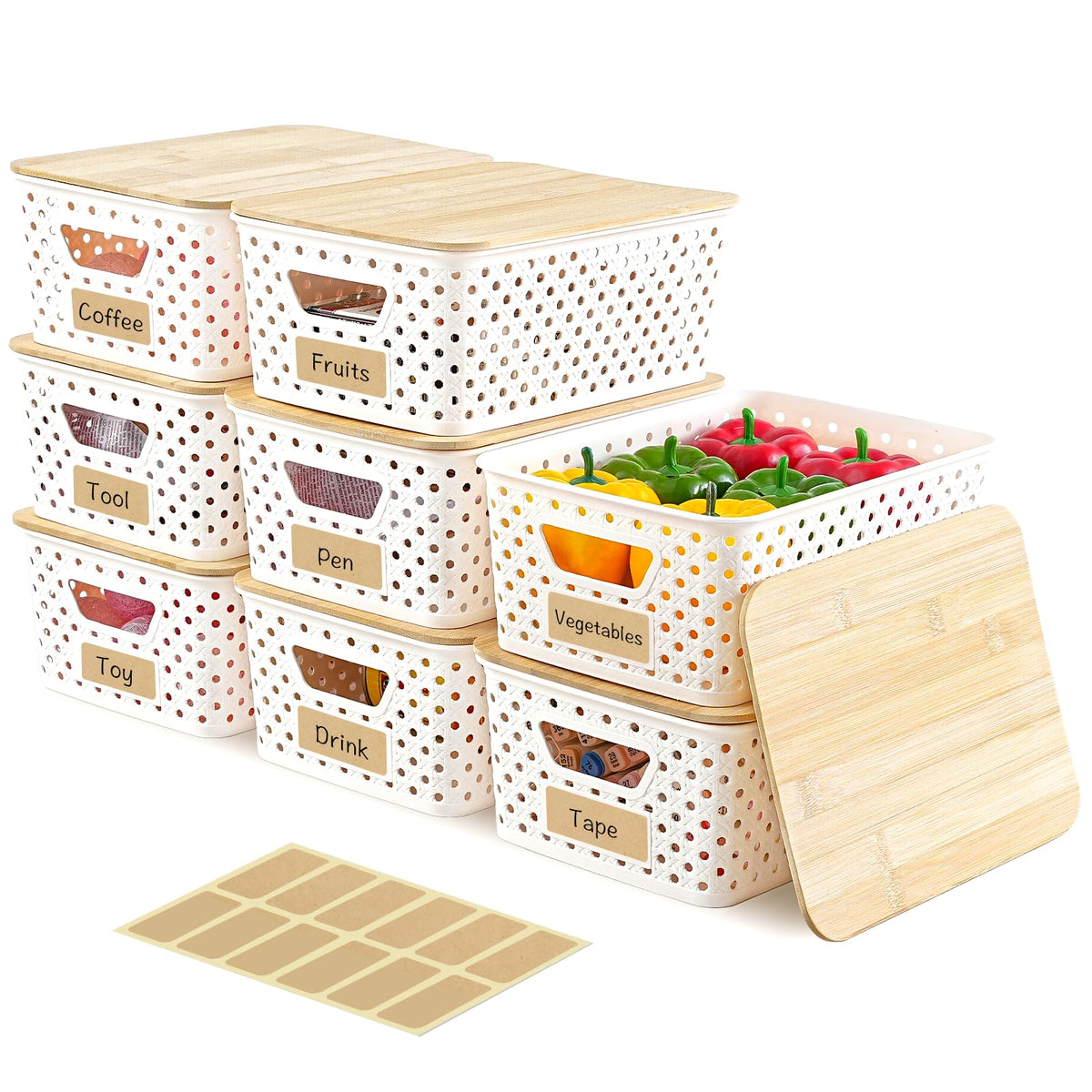 AntStep 8-pack plastic storage bins with bamboo lids for versatile pantry organization.