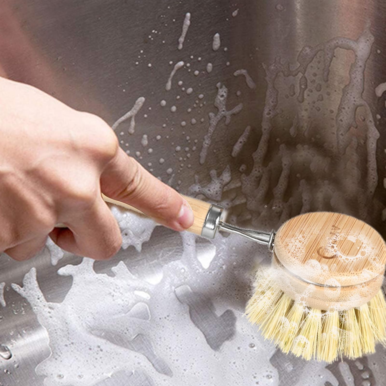 ANTYA bamboo dish brush used on pots and pans with gentle bristles