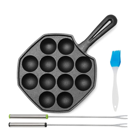 Anxingo cast-iron takoyaki pan 12-hole front view highlights durable construction and heat retention