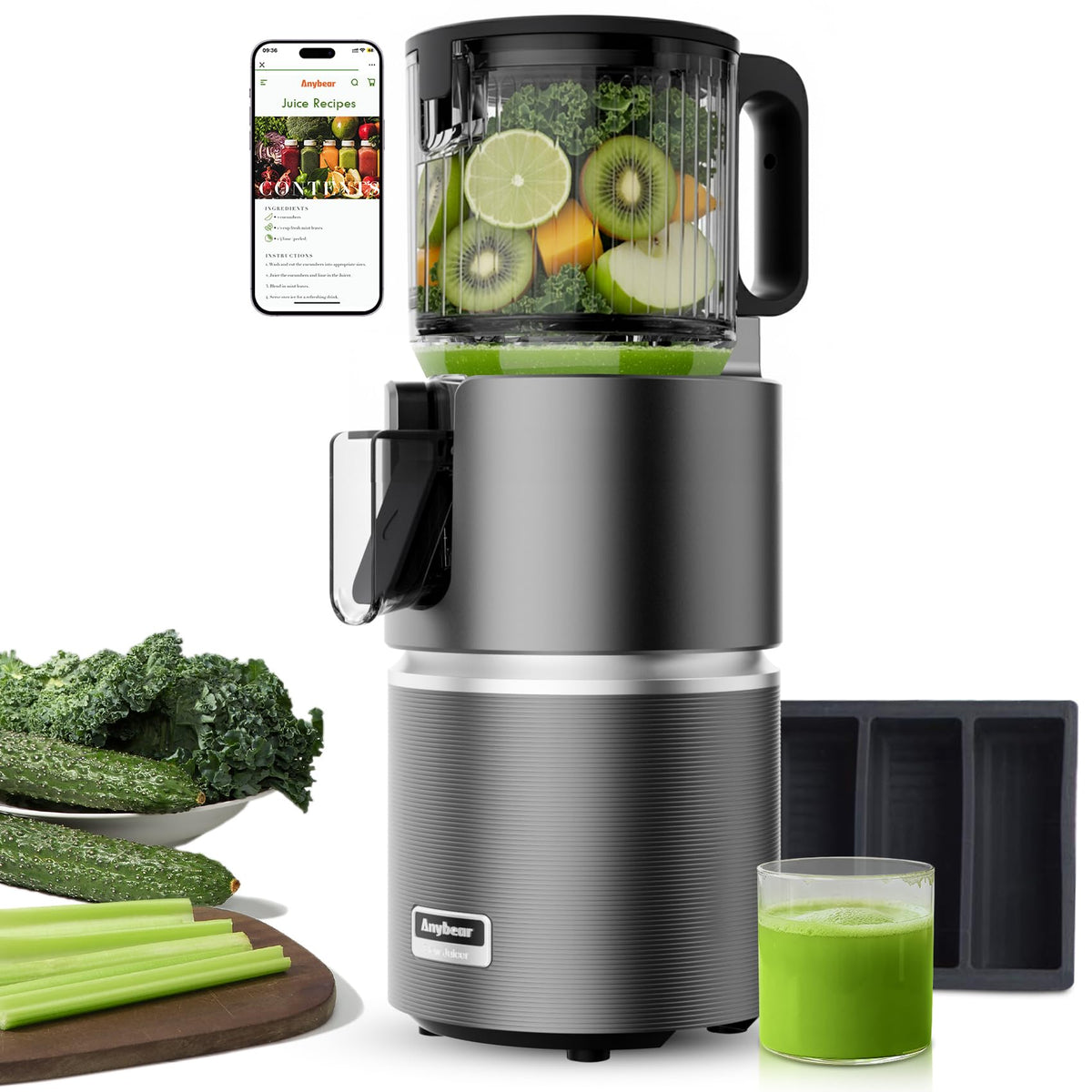 Anybear cold press juicer wide feed chute enables quick juicing from whole fruits.