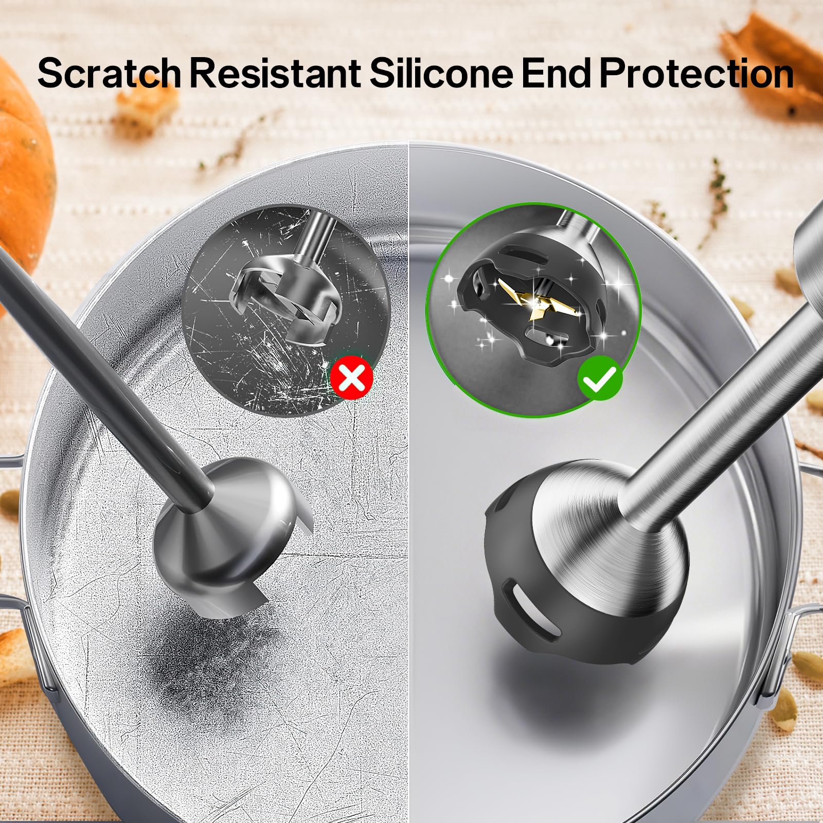 Anybear immersion blender double beaters with silicone bottom protecting pans.