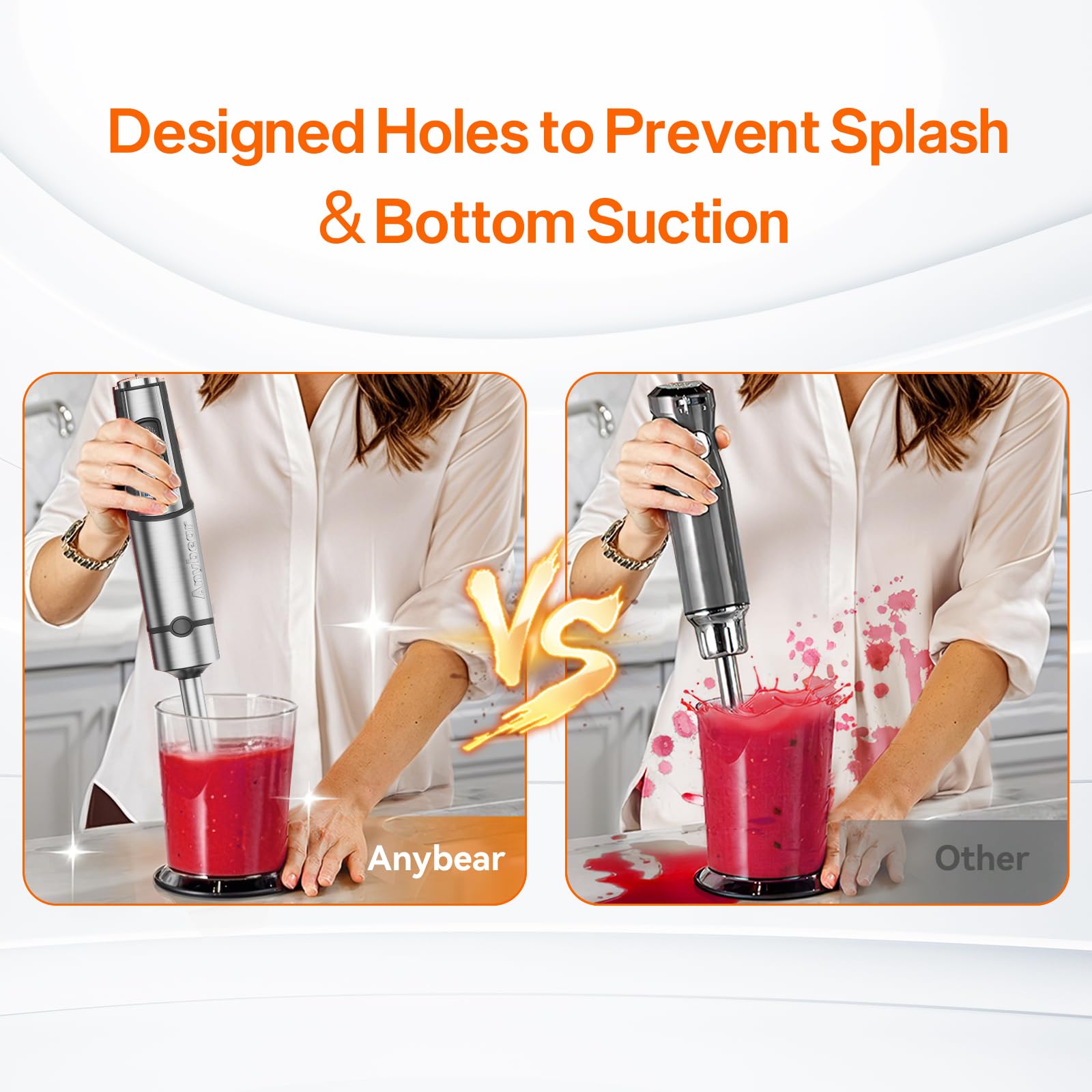 Anybear immersion blender ergonomic handle reducing fatigue during long blends.