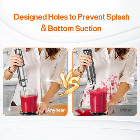 Anybear immersion blender ergonomic handle reducing fatigue during long blends.