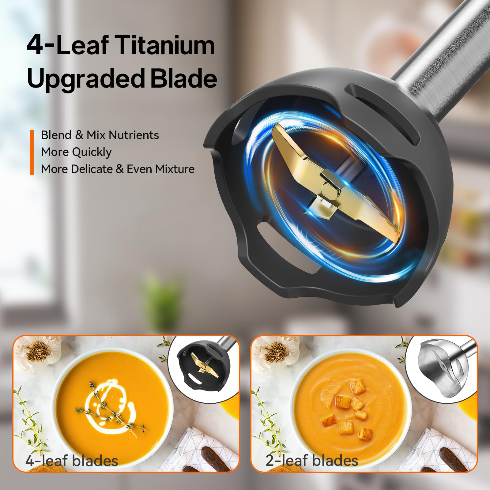 Anybear immersion blender titanium blade close-up for sharp, food-grade performance.