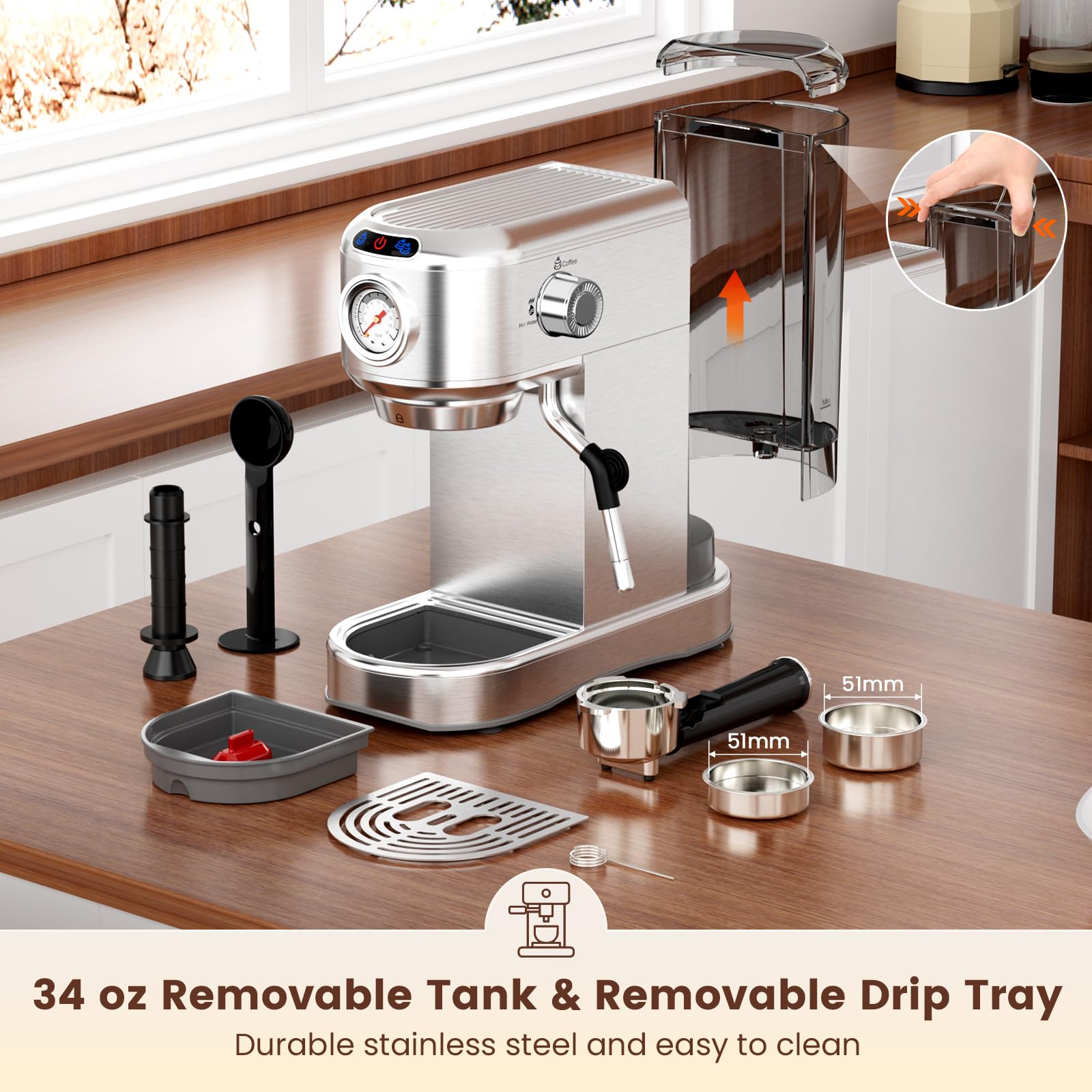 ANYCOLD espresso machine stainless steel body emphasizes durable, easy-care design for busy kitchens