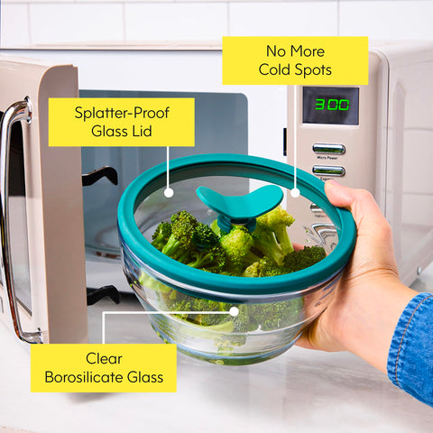 Anyday 4-Cup round shallow dish perfect for storing leftovers.
