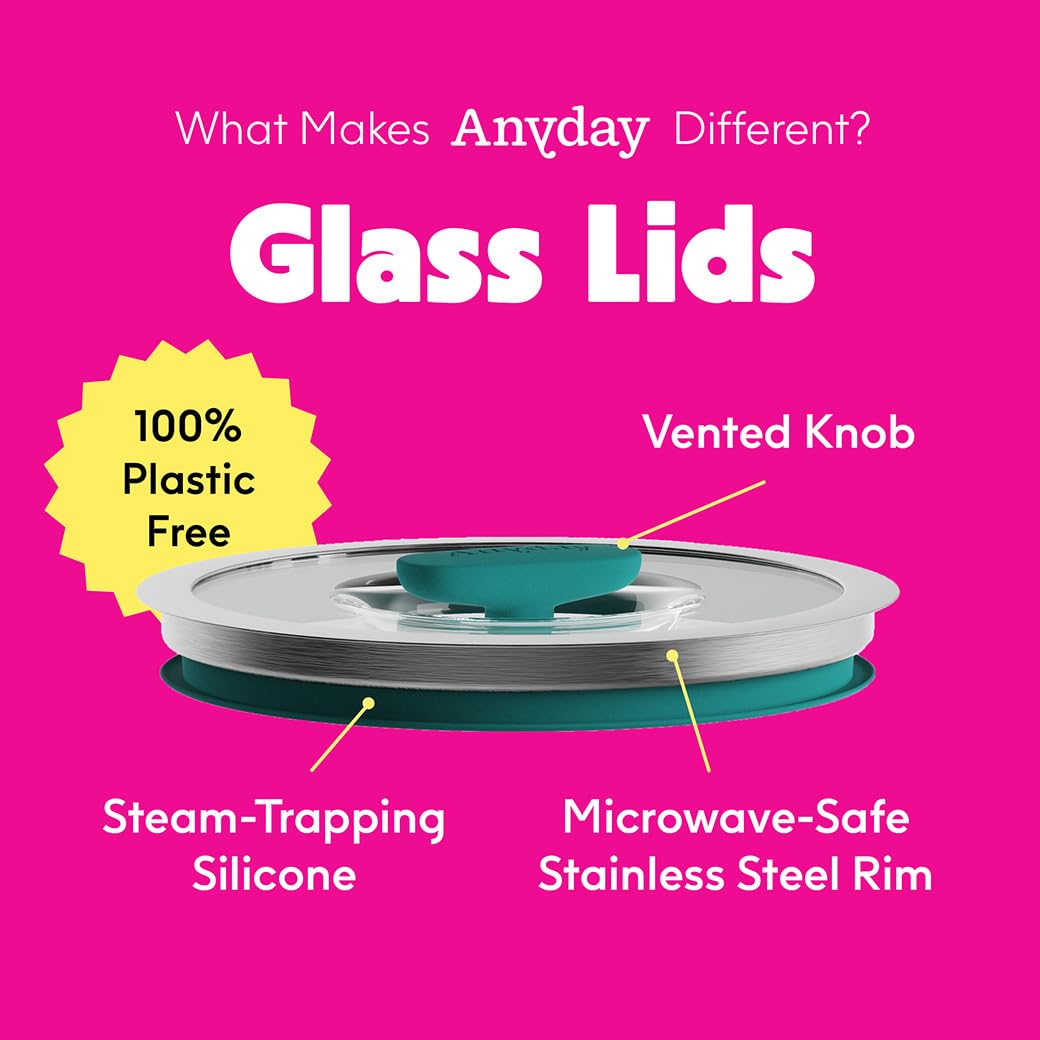 Anyday stackable glass dishes shown compactly stored in a cabinet