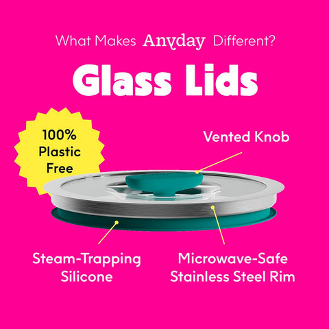 Anyday stackable glass dishes shown compactly stored in a cabinet