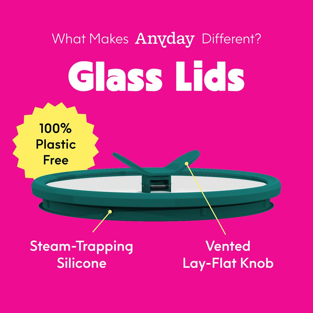 Anyday vented glass lid allows steaming during microwave reheating.