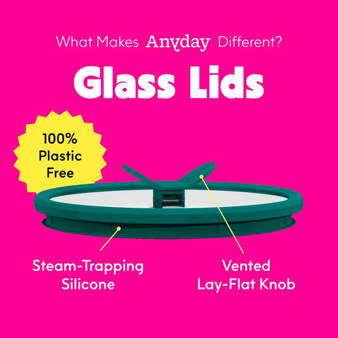 Anyday vented glass lid allows steaming during microwave reheating.