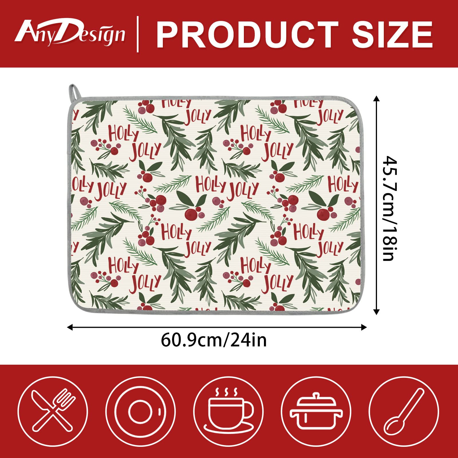 AnyDesign holly berries pattern dish drying mat adds festive decor while absorbing moisture.