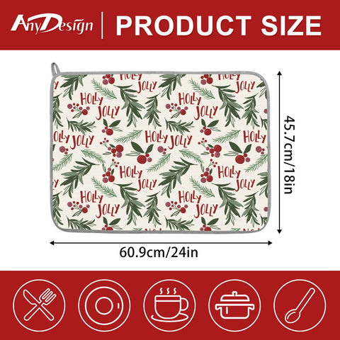 AnyDesign holly berries pattern dish drying mat adds festive decor while absorbing moisture.