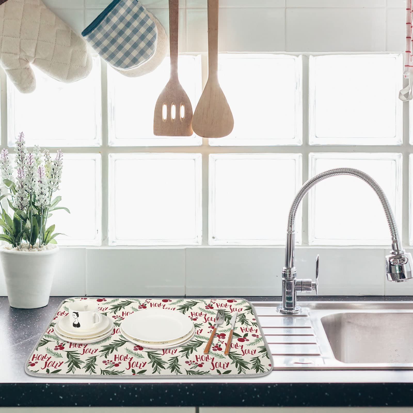 AnyDesign kitchen decor drying mat adds holiday charm and functional drying space.