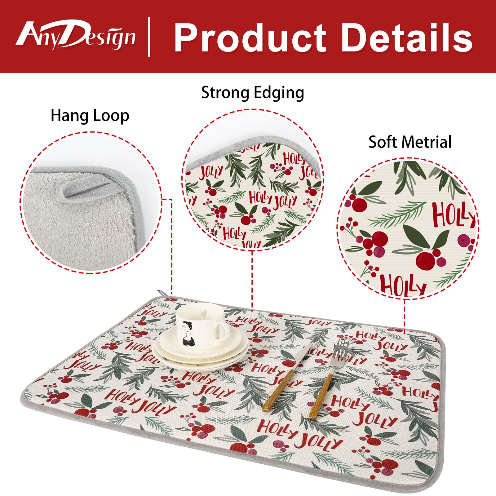 AnyDesign red berries and holly leaves mat offers quick water absorption for kitchen drying.