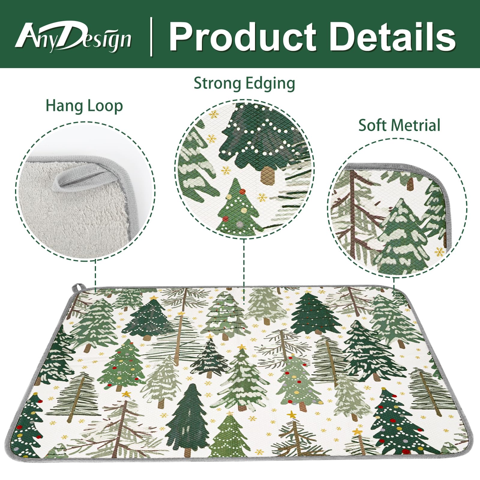 AnyDesign Christmas tree pattern drying mat provides large surface for dishes and bowls.