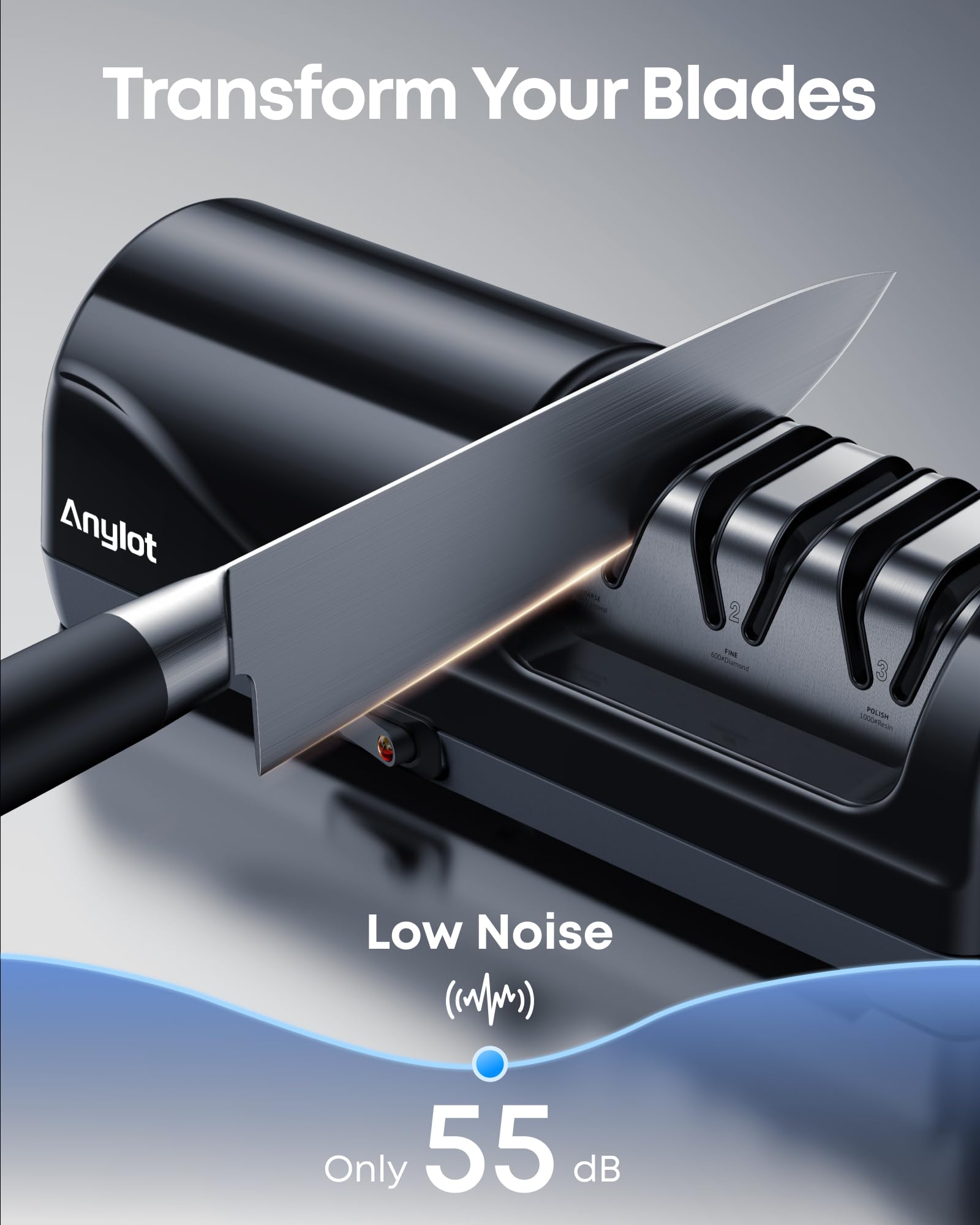 Anylot sharpener with quiet motor supports smooth, low-noise kitchen operation.