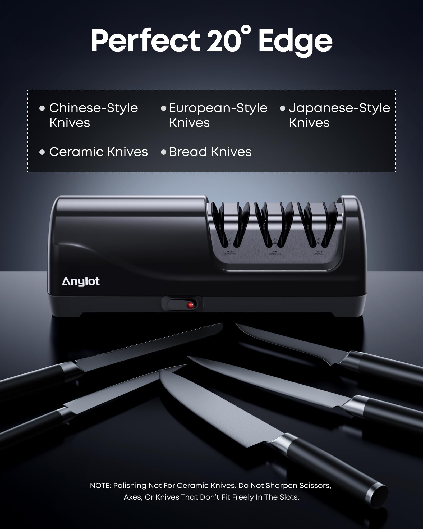 Anylot knife sharpener suitable for chef, santoku, slicing and paring knives.