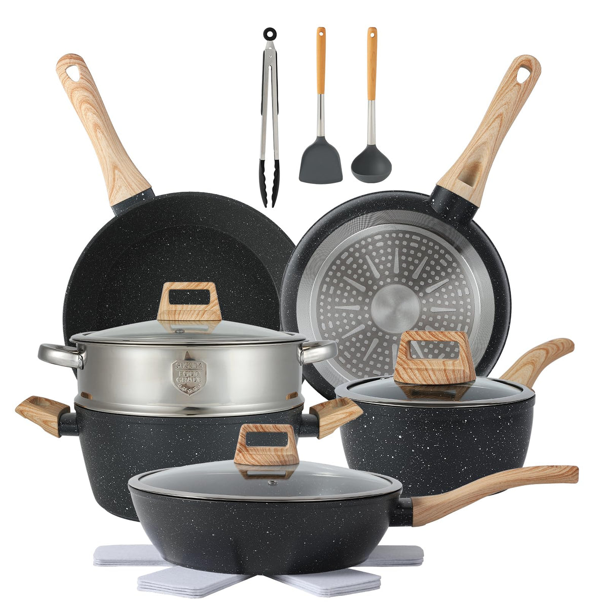 Anymark 9-inch fryer in the nonstick set for quick, even cooking.