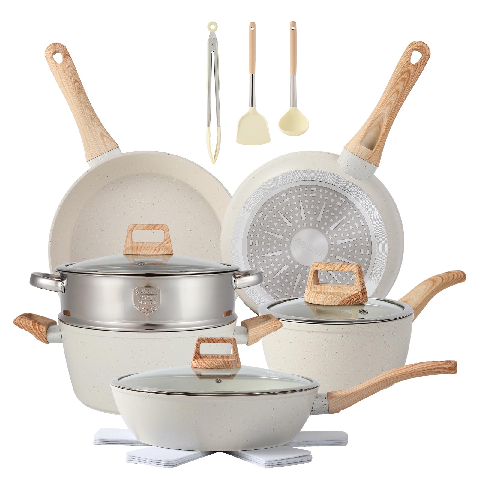 Anymark 16-piece pots and pans set wide-shot for versatile everyday cooking.