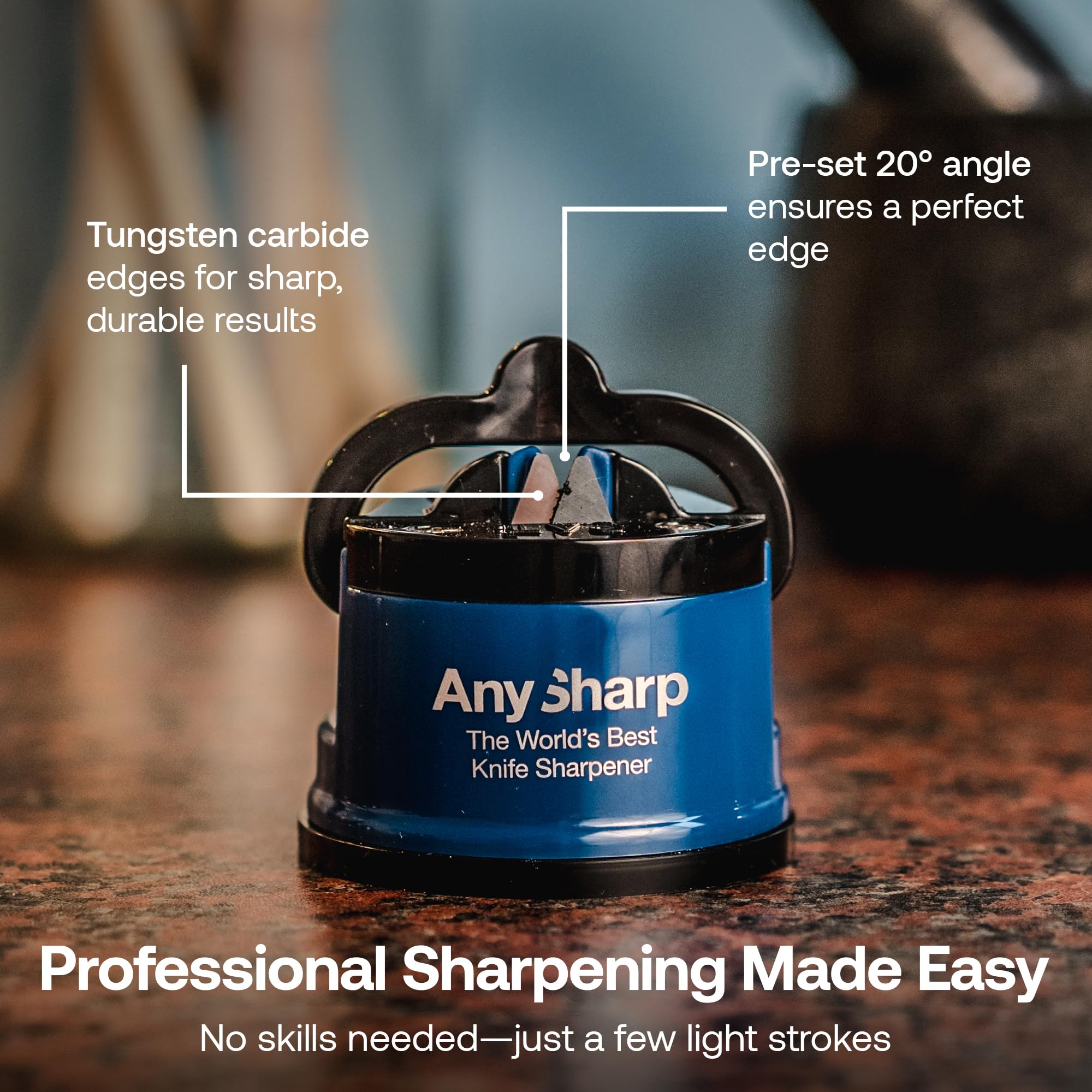 AnySharp 20-degree pre-set angle guides precise sharpening with minimal effort.