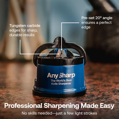 AnySharp 20-degree pre-set angle guides precise sharpening with minimal effort.