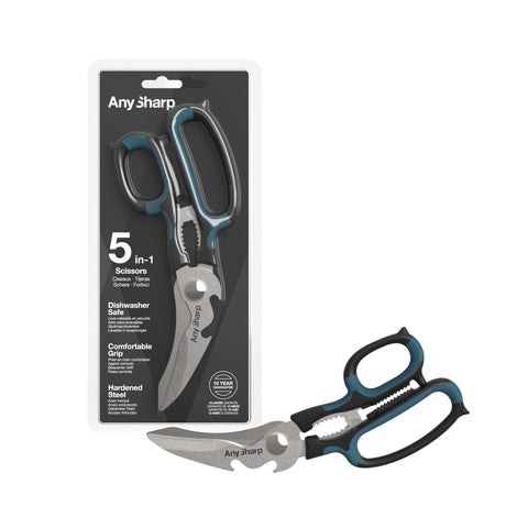 AnySharp 5-in-1 scissors feature adjustable tension for soft or tough cuts