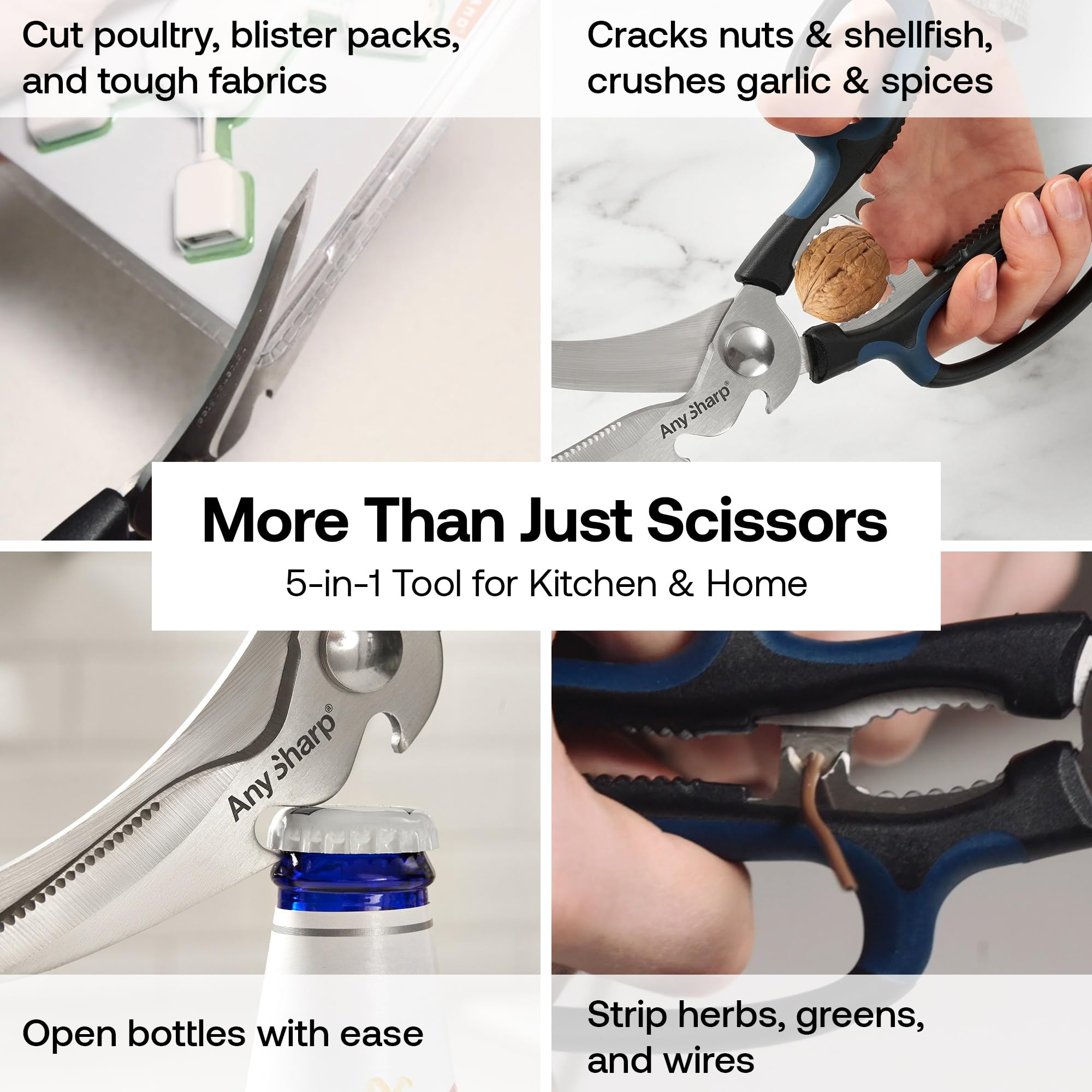 AnySharp 5-in-1 scissors opening a bottle with a firm grip