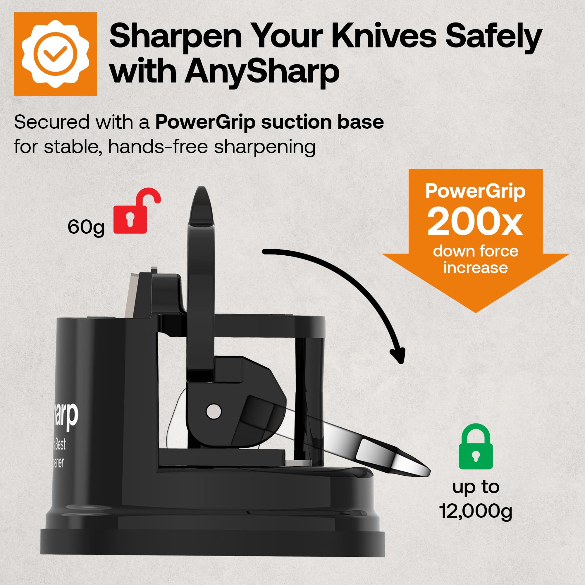 AnySharp sharpens chef’s, serrated, and hardened steel knives with ease.