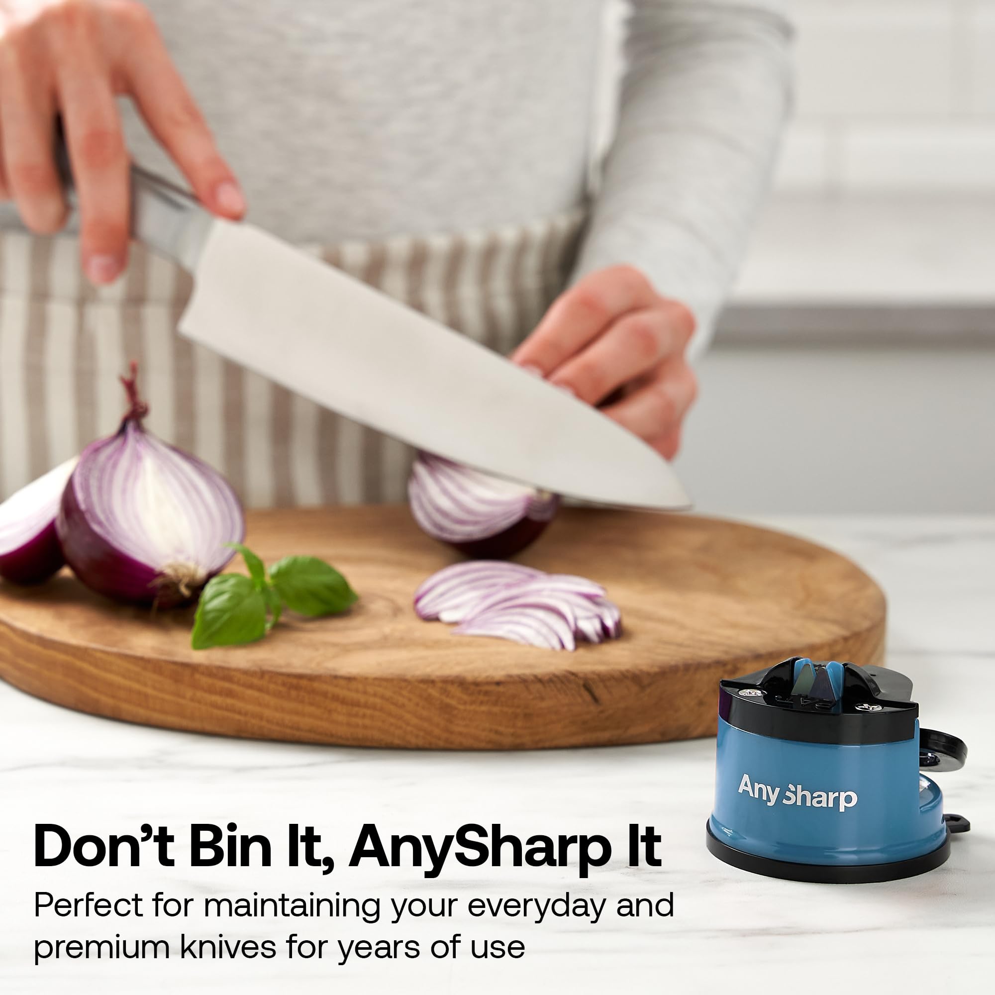 AnySharp is easy to use with no skills required for a quick kitchen upgrade.