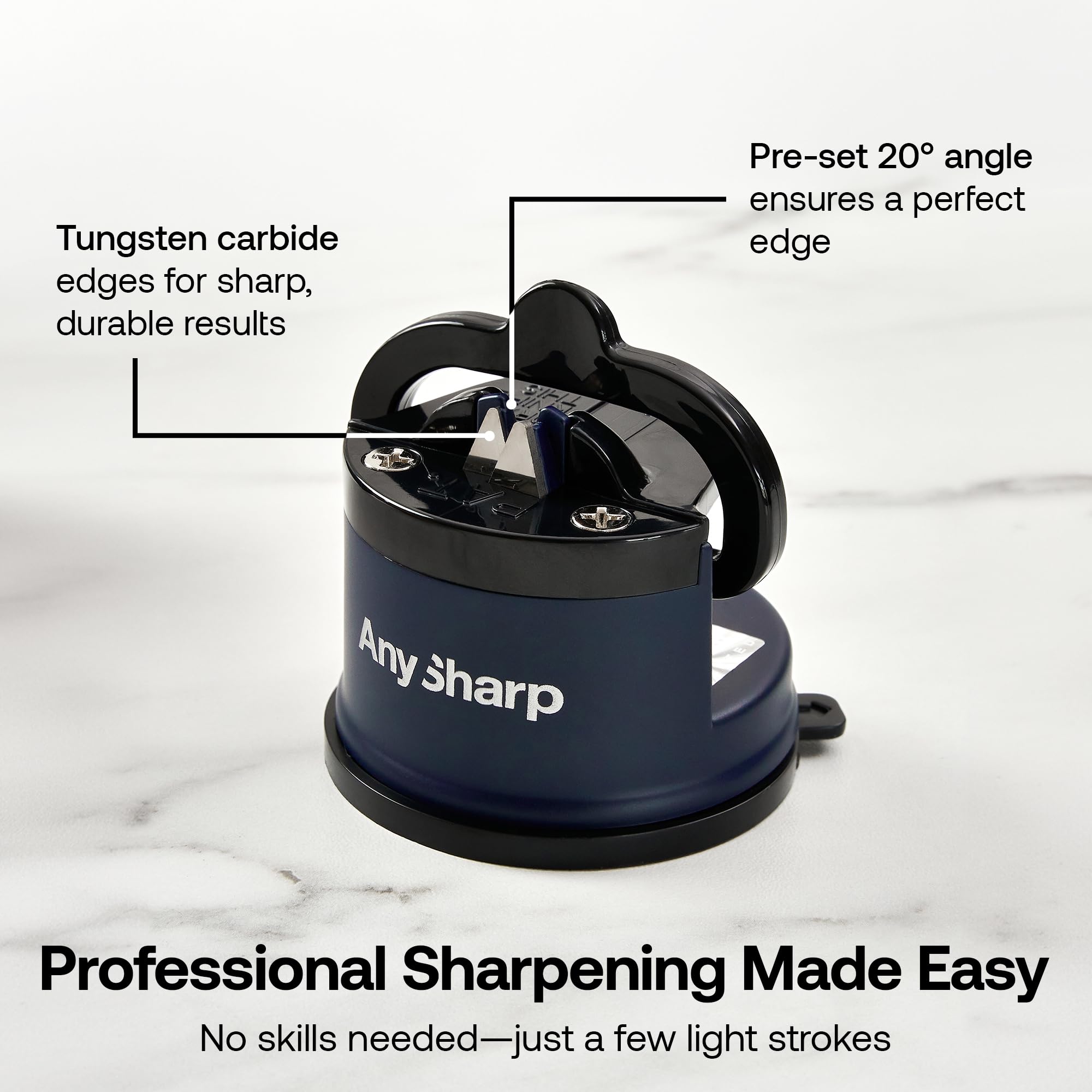 AnySharp Editions 20-degree preset angle close-up, guiding blades for consistent edge enhancement.