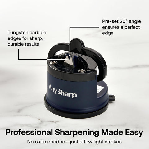 AnySharp Editions 20-degree preset angle close-up, guiding blades for consistent edge enhancement.