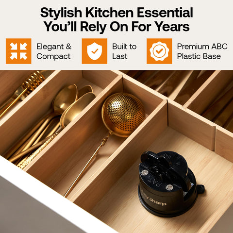 AnySharp Editions hardened steel knives refined edge via pre-set angle tool on counter.