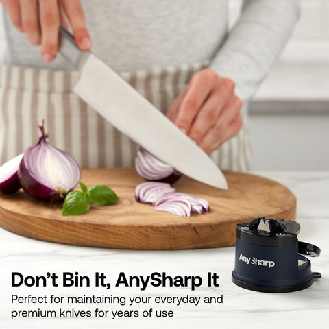 AnySharp Editions navy color product shot emphasizing durable, space-saving kitchen gadget.