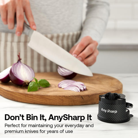AnySharp Editions no cords or batteries, clutter-free sharpening.
