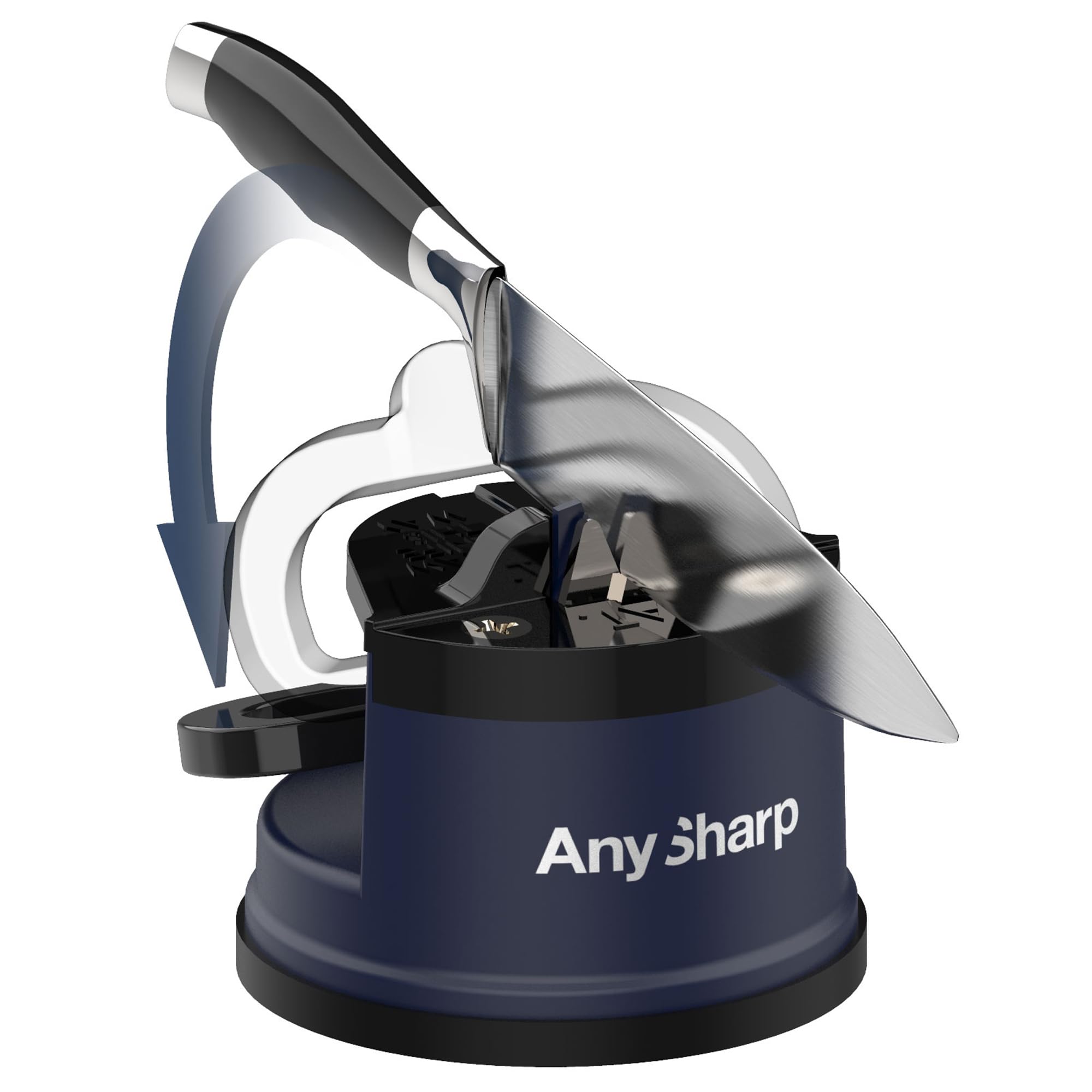 AnySharp Editions PowerGrip suction base close-up showing strong grip on smooth surfaces for stability.