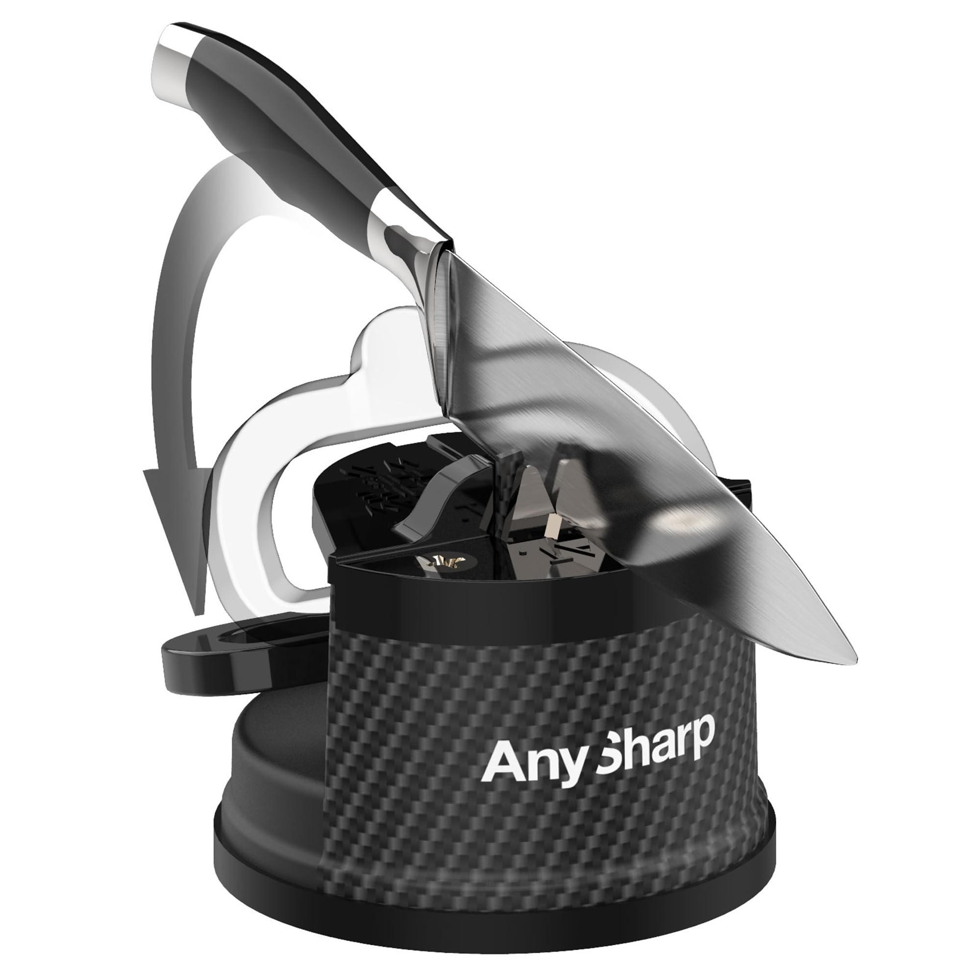 AnySharp Editions powergrip-suction-base securely attached for slip-free sharpening.