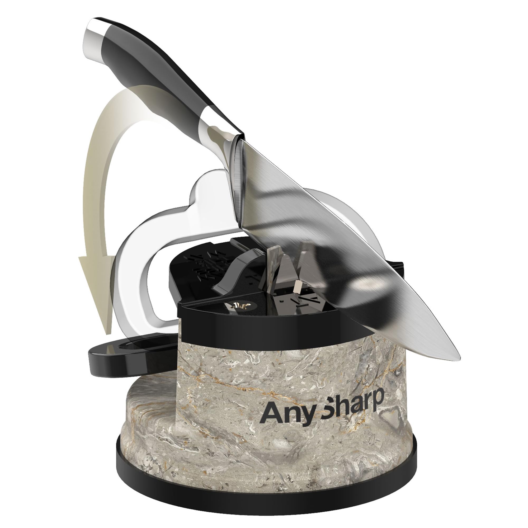 Close-up of 20-degree preset angle guiding a chef knife safely.