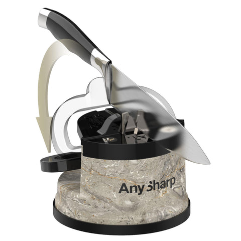 Close-up of 20-degree preset angle guiding a chef knife safely.