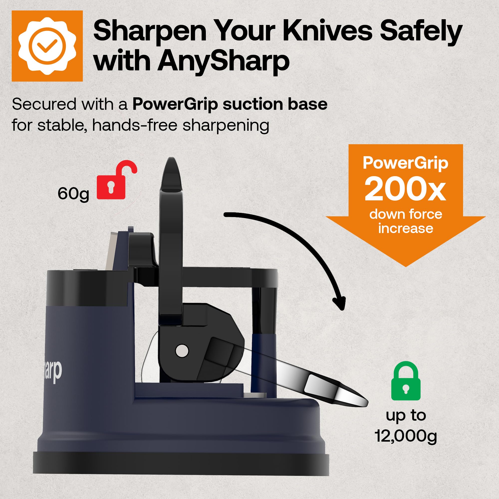 AnySharp Editions knife sharpener in action sharpening chef’s knives on a stable station.