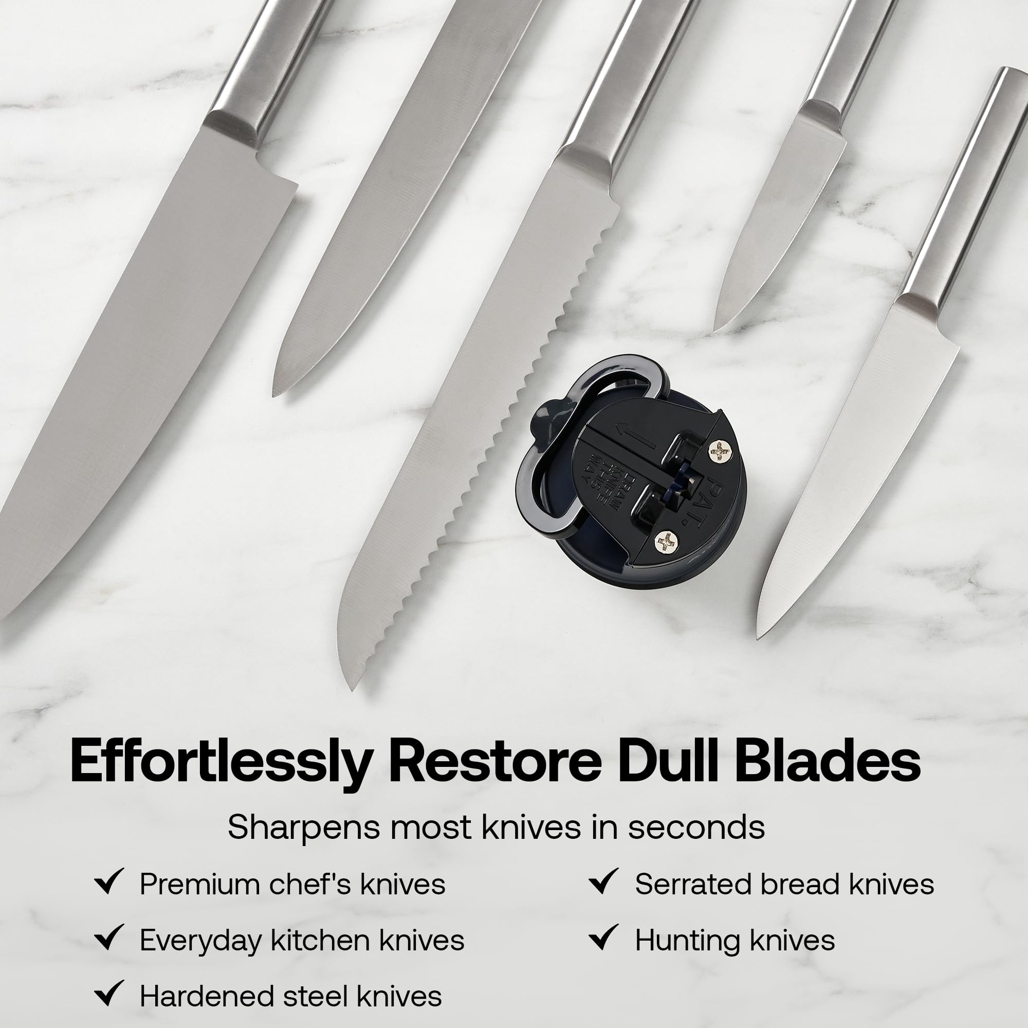 AnySharp Editions serrated knives sharpened smoothly using the tool with secure grip.