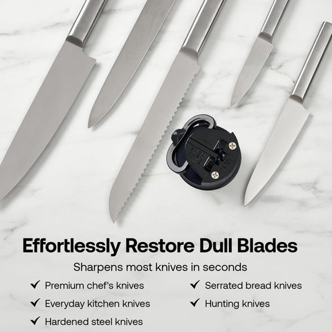 AnySharp Editions serrated knives sharpened smoothly using the tool with secure grip.