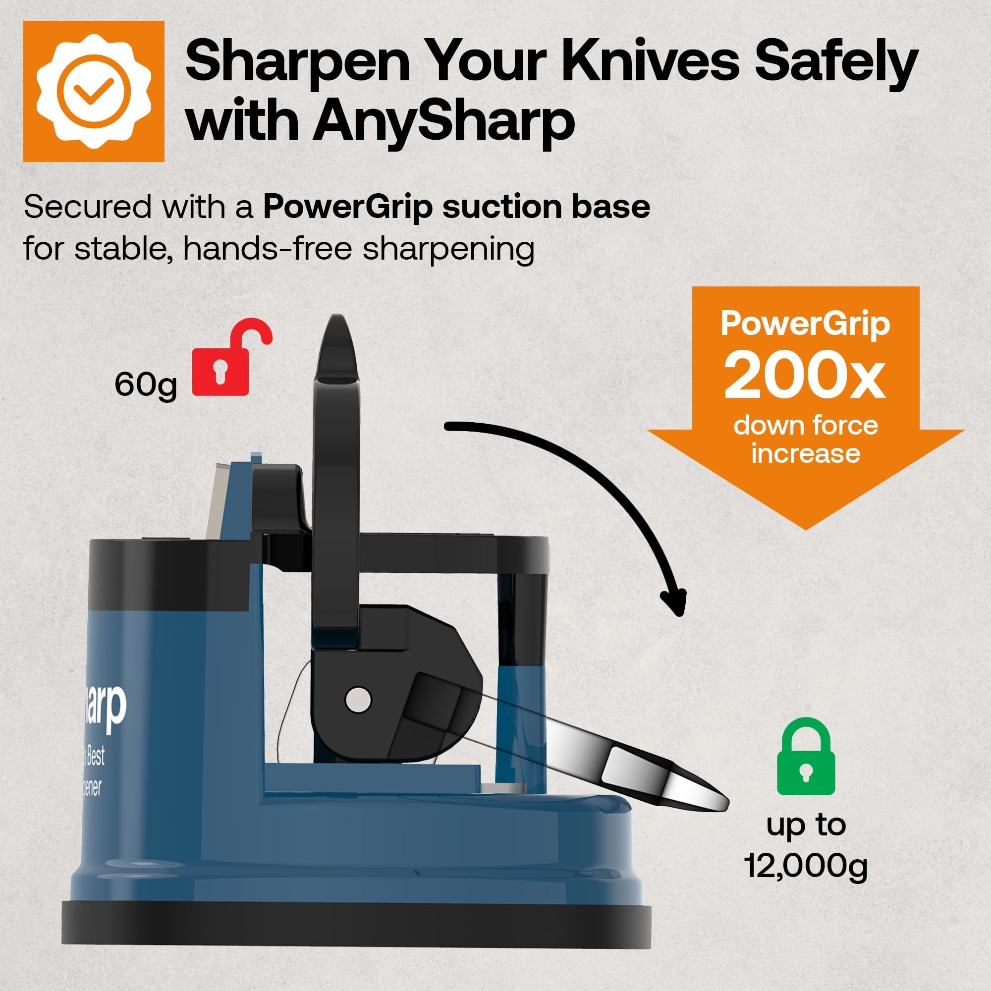 AnySharp GLOBAL blue sharpener closeup highlights compact, durable design.