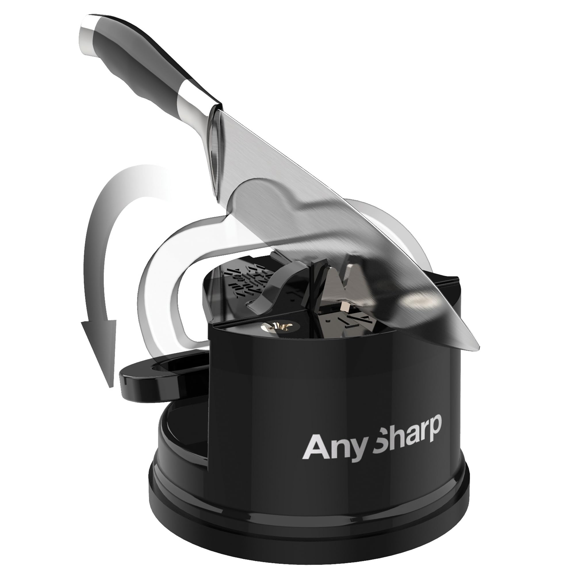 AnySharp PowerGrip suction base securely locks to smooth surfaces, preventing slips.