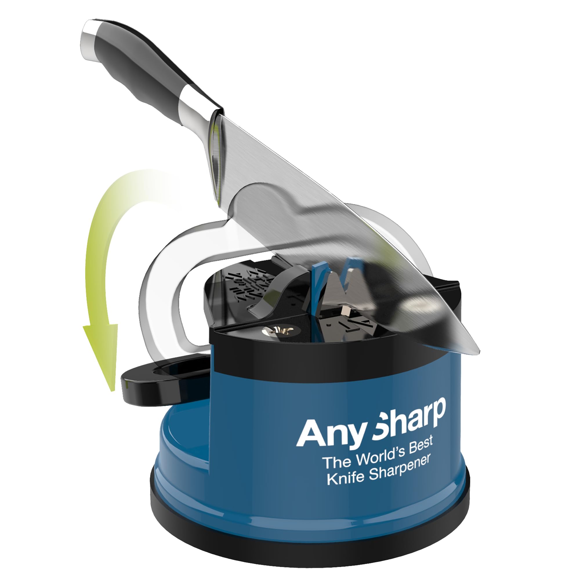 AnySharp powergrip suction base anchors securely on smooth surfaces for safe sharpening.