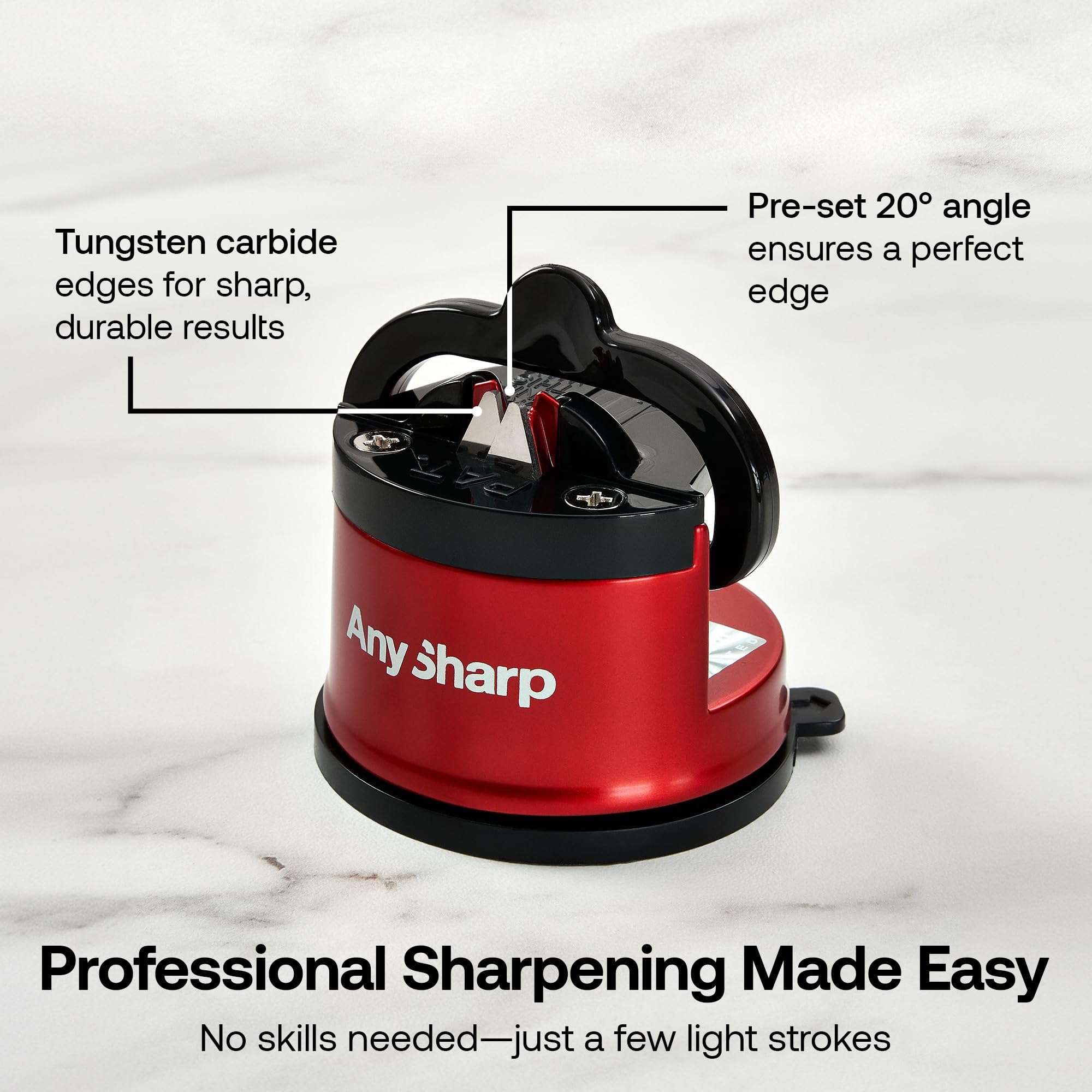 AnySharp PRO in use with a chef knife delivering quick, even sharpness.