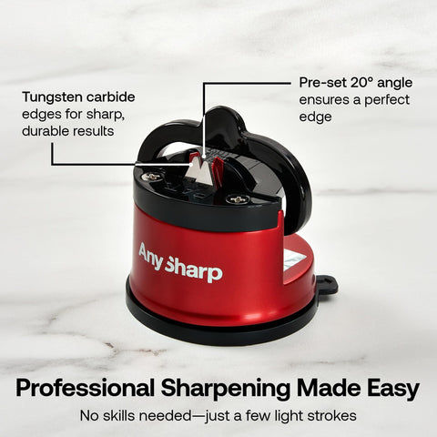 AnySharp PRO in use with a chef knife delivering quick, even sharpness.
