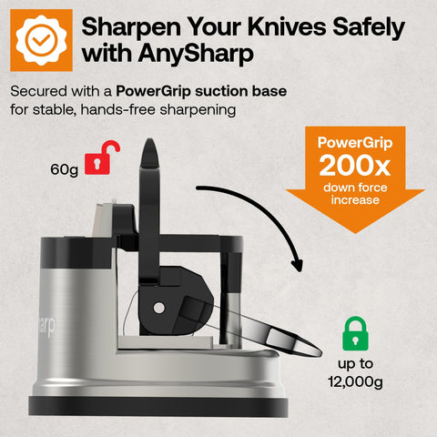 AnySharp Pro Metal Knife Sharpener fits in a drawer while delivering strong sharpening performance.