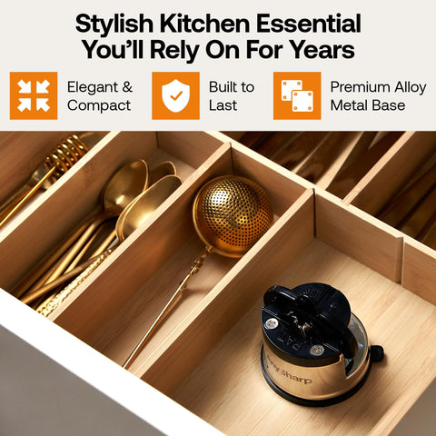 AnySharp Pro Metal Knife Sharpener in action with one-handed safety grip.